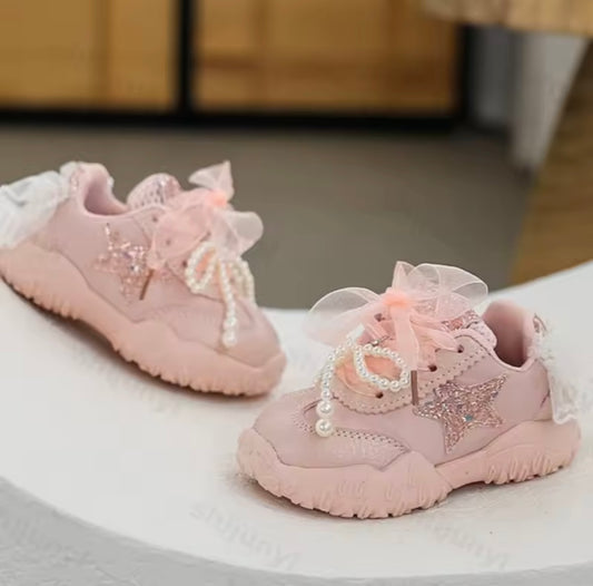 ✨ Pink Glitter Star Sneakers with Pearls & Bows – Toddler Girls Shoes (EU 23 / US 7)