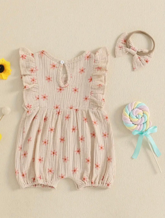 Baby Girl Ruffle Romper with Matching Bow – Size 0–3 Months