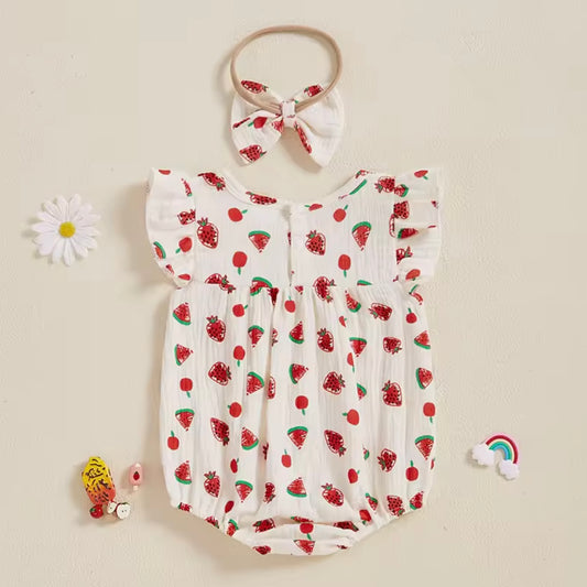 Strawberry Print Baby Girl Romper with Matching Bow – Size 0–3 Months