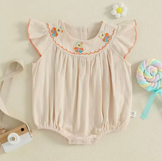 Premium Baby Girl Beige Romper with Teddy Bear Embroidery – Size 3–6M