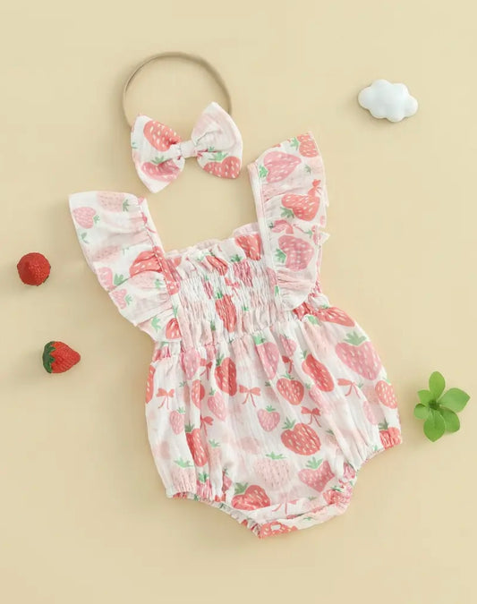 🍓 Baby Girl Strawberry Ruffle Romper with Matching Bow Headband – Size 0–3M