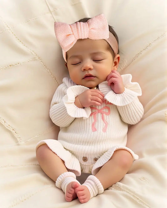 🤍 Newborn “She’s Here” Knit Romper with Bow Headband – Size Newborn