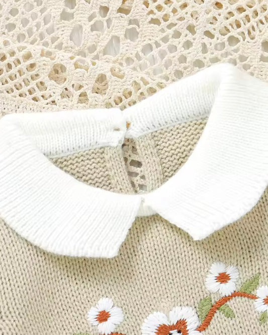 🌿 Baby Girl Light Green Knit Romper with Embroidered Flowers – Size 0–3M