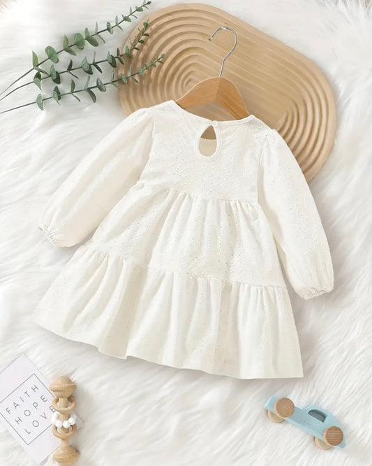 White Long Sleeve Baby Dress – Soft Cotton Eyelet Outfit, Size 6–9 Months