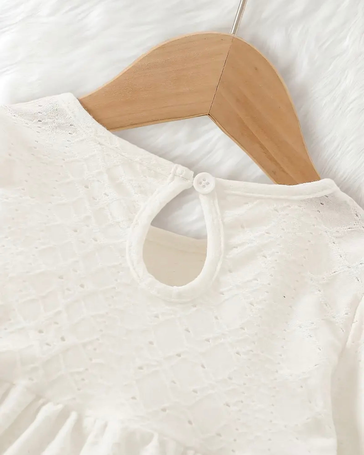 White Long Sleeve Baby Dress – Soft Cotton Eyelet Outfit, Size 6–9 Months