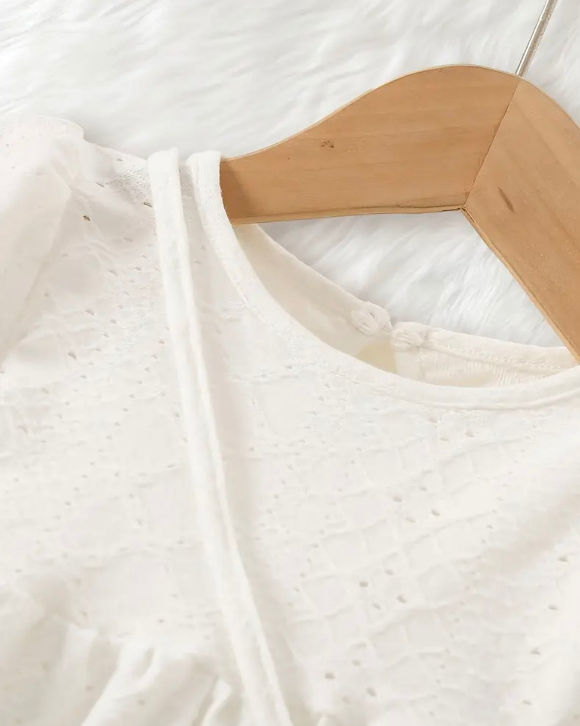 White Long Sleeve Baby Dress – Soft Cotton Eyelet Outfit, Size 6–9 Months