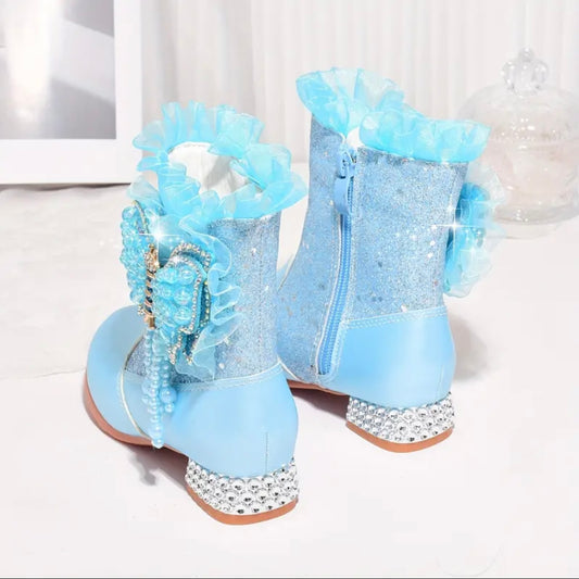 Girls’ Sparkly Blue Butterfly Boots – Princess Dress-Up Shoes with Rhinestone Heel (US Size 10.5 Little Kid)