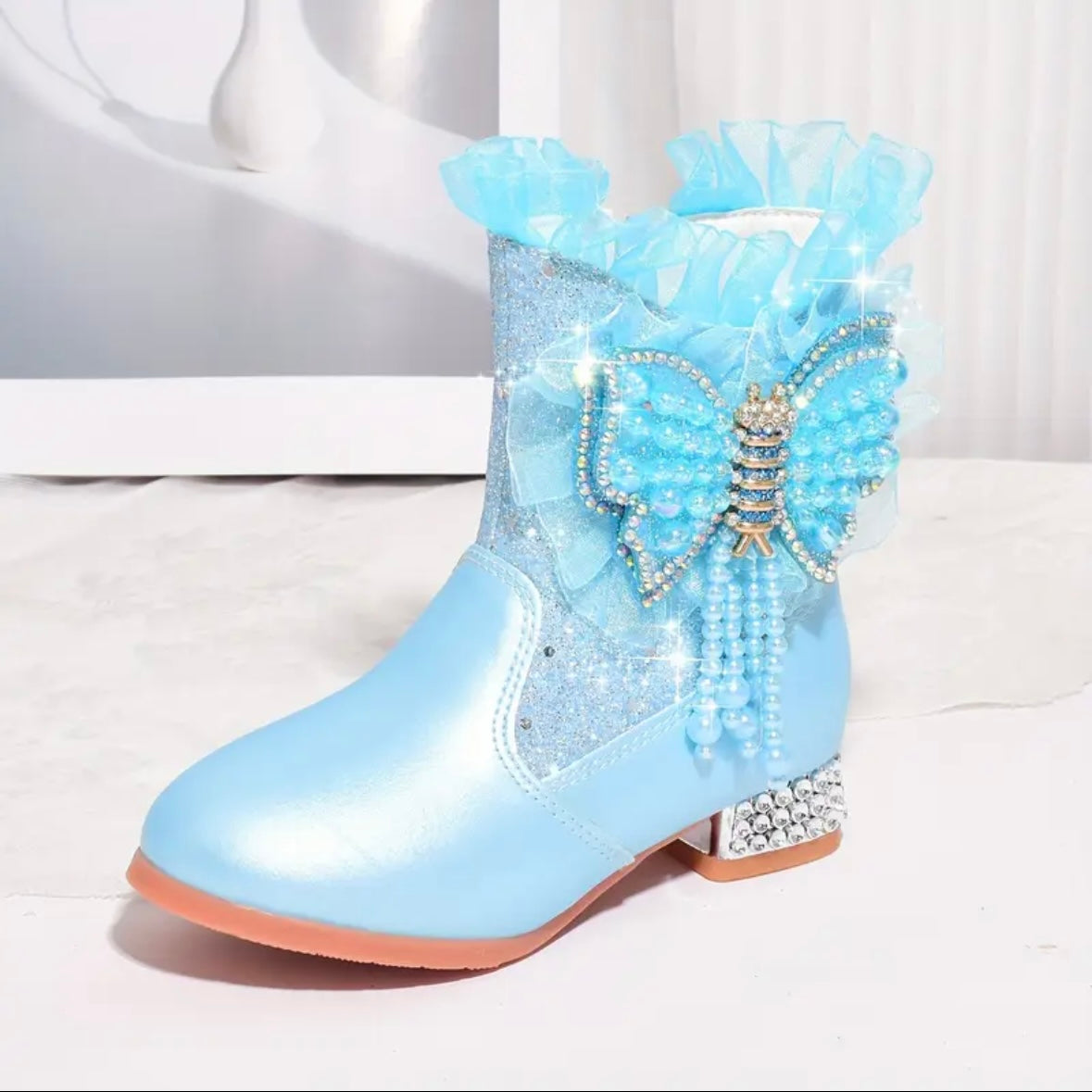 Girls’ Sparkly Blue Butterfly Boots – Princess Dress-Up Shoes with Rhinestone Heel (US Size 10.5 Little Kid)