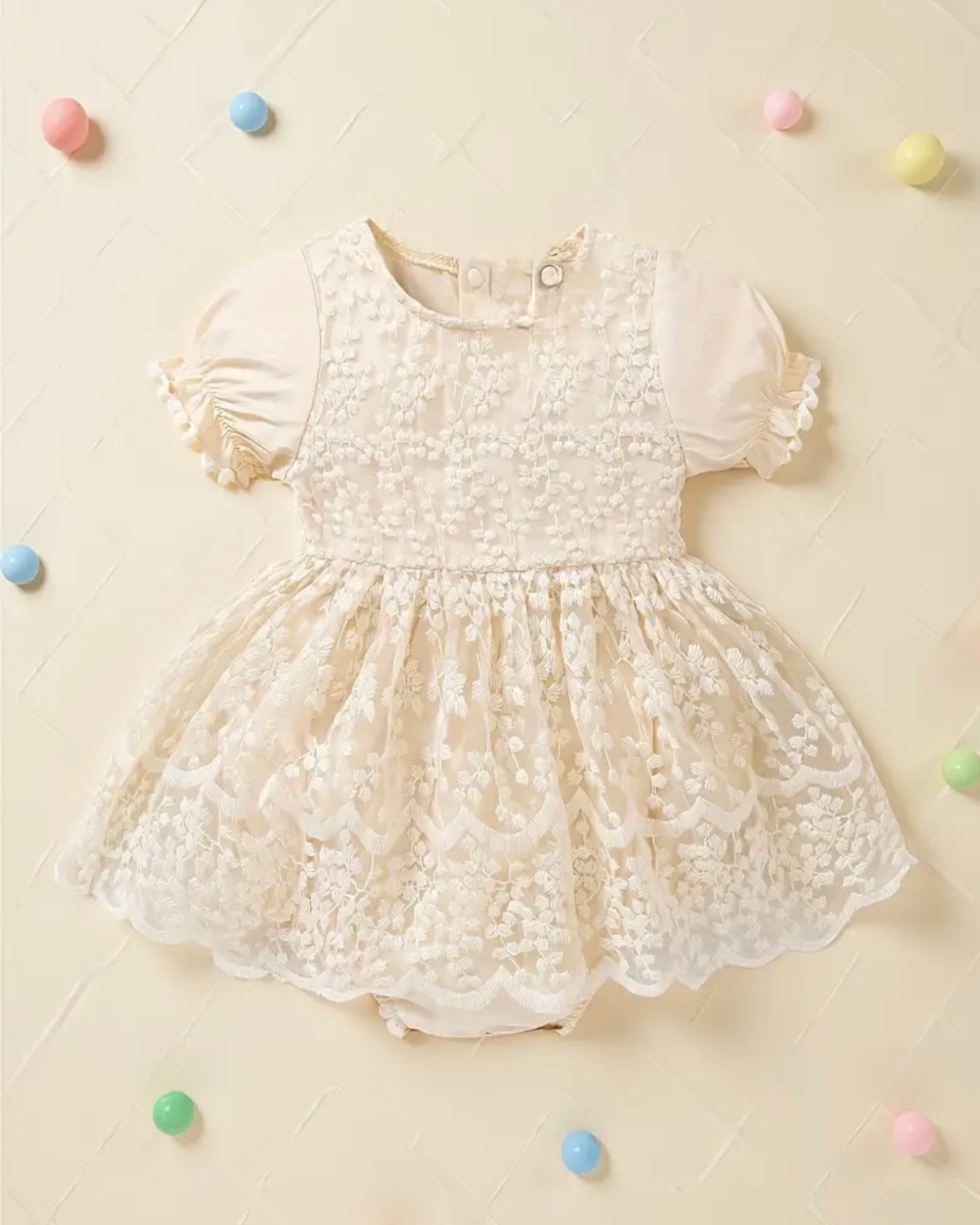Ivory Lace Baby Dress – Puff Sleeve Romper Dress, Size 3–6 Months