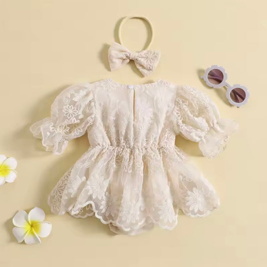 Ivory Puff Sleeve Lace Baby Romper Dress with Headband – Size 6–9 Months