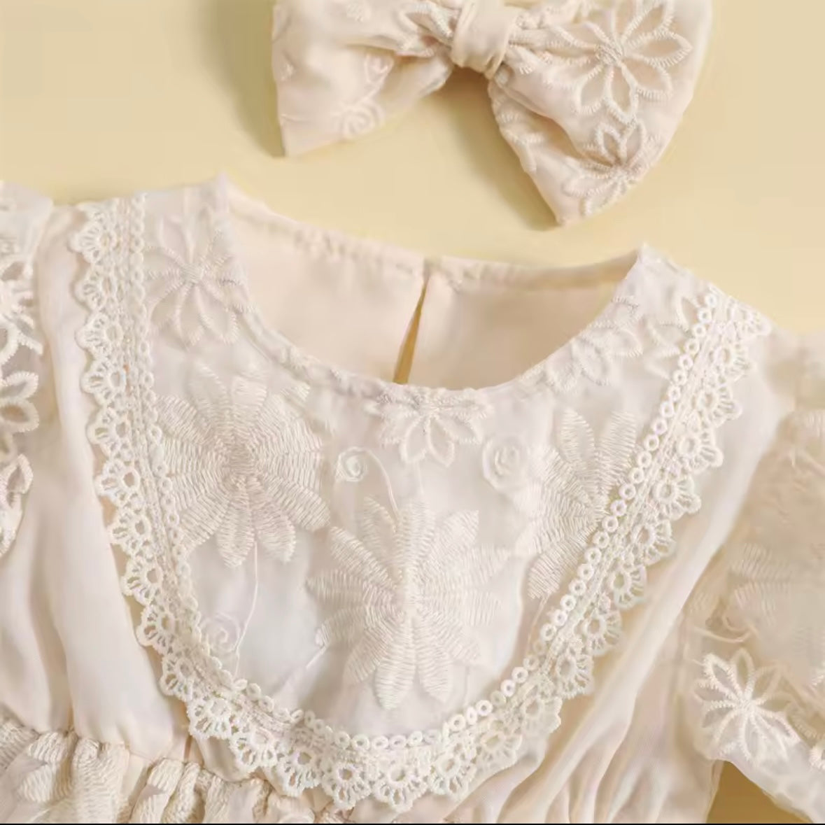 Ivory Puff Sleeve Lace Baby Romper Dress with Headband – Size 6–9 Months