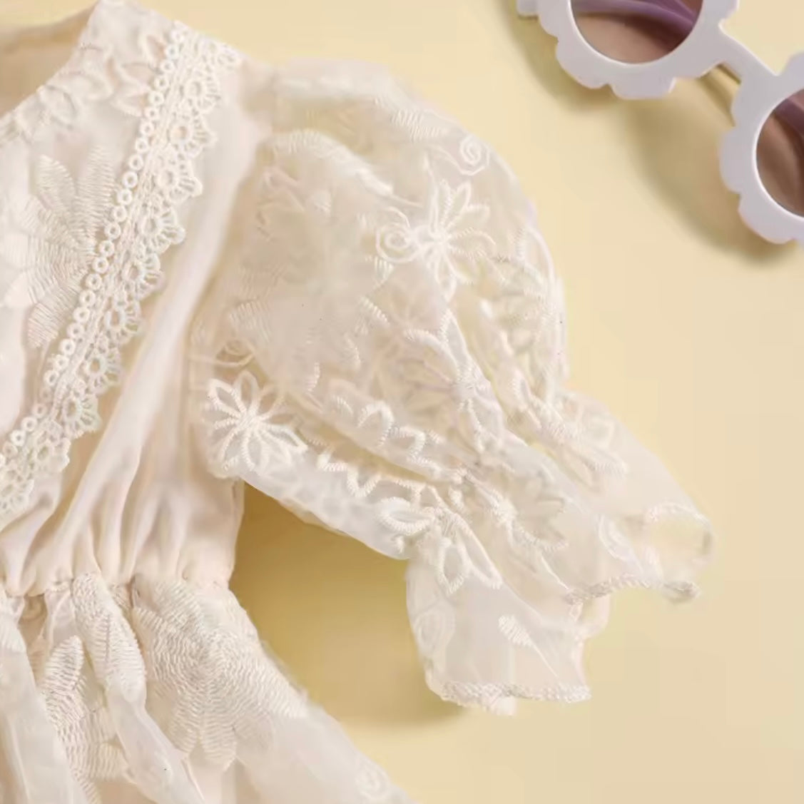Ivory Puff Sleeve Lace Baby Romper Dress with Headband – Size 6–9 Months