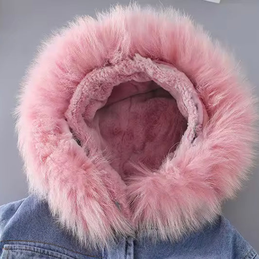 Girls Denim Winter Jacket – Faux Fur Lined Jean Coat with Pink Hood (Size 3T)