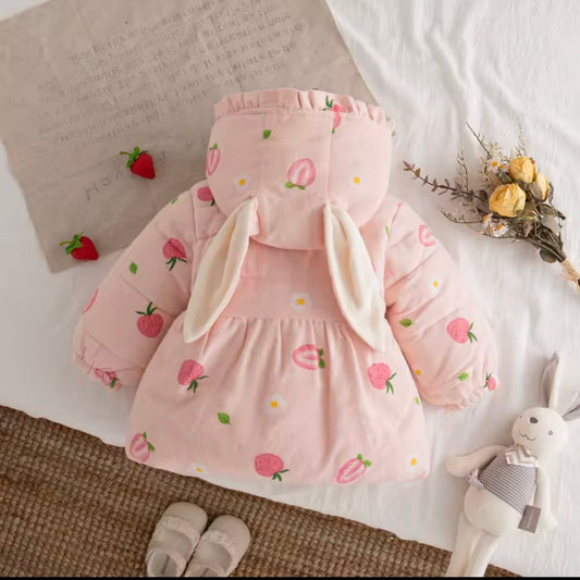 Baby Girl Strawberry Bunny-Ear Winter Coat with Fuzzy Bow Pockets | 12–18 Months | Toddler Girl Boutique Jacket