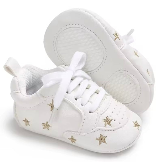 White Baby Sneakers with Gold Stars | Soft Sole Crib Shoes for Baby Boys & Girls | 7–12 Months Trendy Infant Sneakers