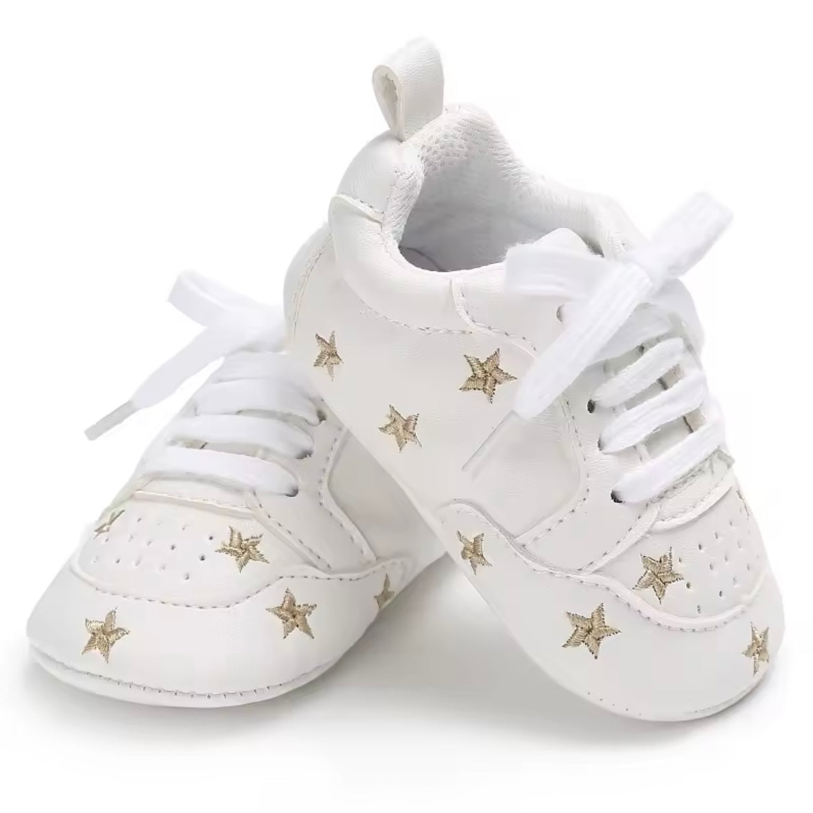White Baby Sneakers with Gold Stars | Soft Sole Crib Shoes for Baby Boys & Girls | 7–12 Months Trendy Infant Sneakers