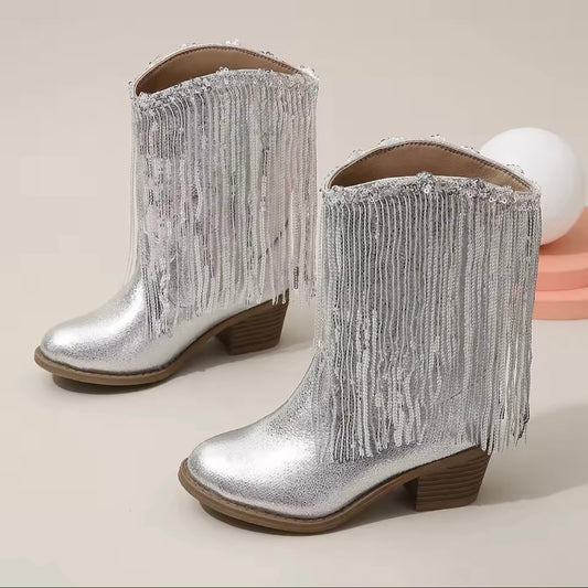 Girls Silver Fringe Cowboy Boots ✨ Sequin Western Style | Size EU 31 (US 13 Little Kid)