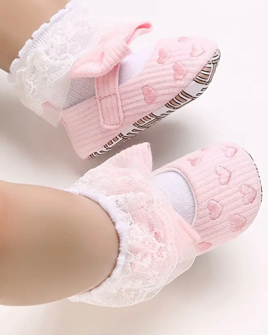 Pink Baby Girl Bow Flats with Embroidered Hearts | Size US 3.5 Toddler | Infant & Toddler Dress Shoes