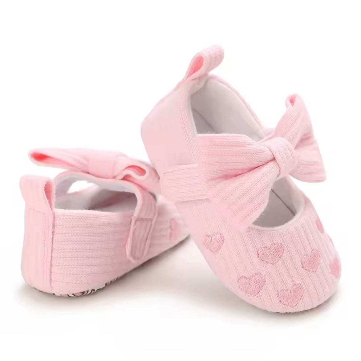 Pink Baby Girl Bow Flats with Embroidered Hearts | Size US 3.5 Toddler | Infant & Toddler Dress Shoes