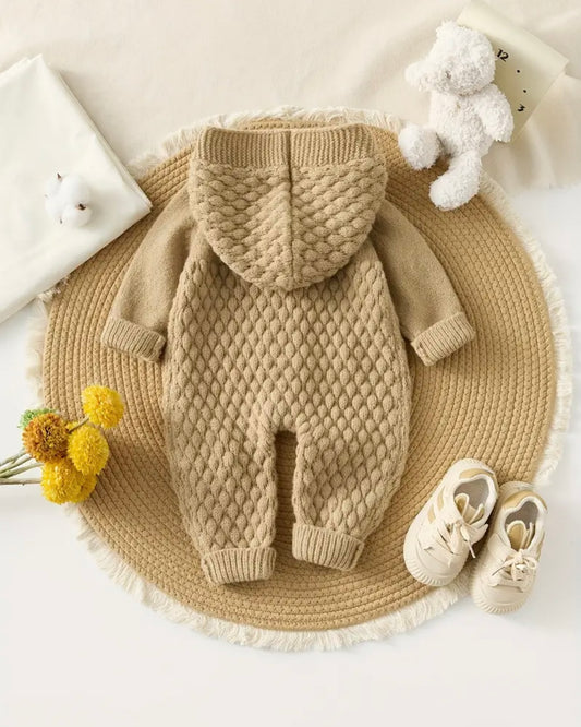 Premium Knitted Baby Romper with Hood – Beige (3–6M)
