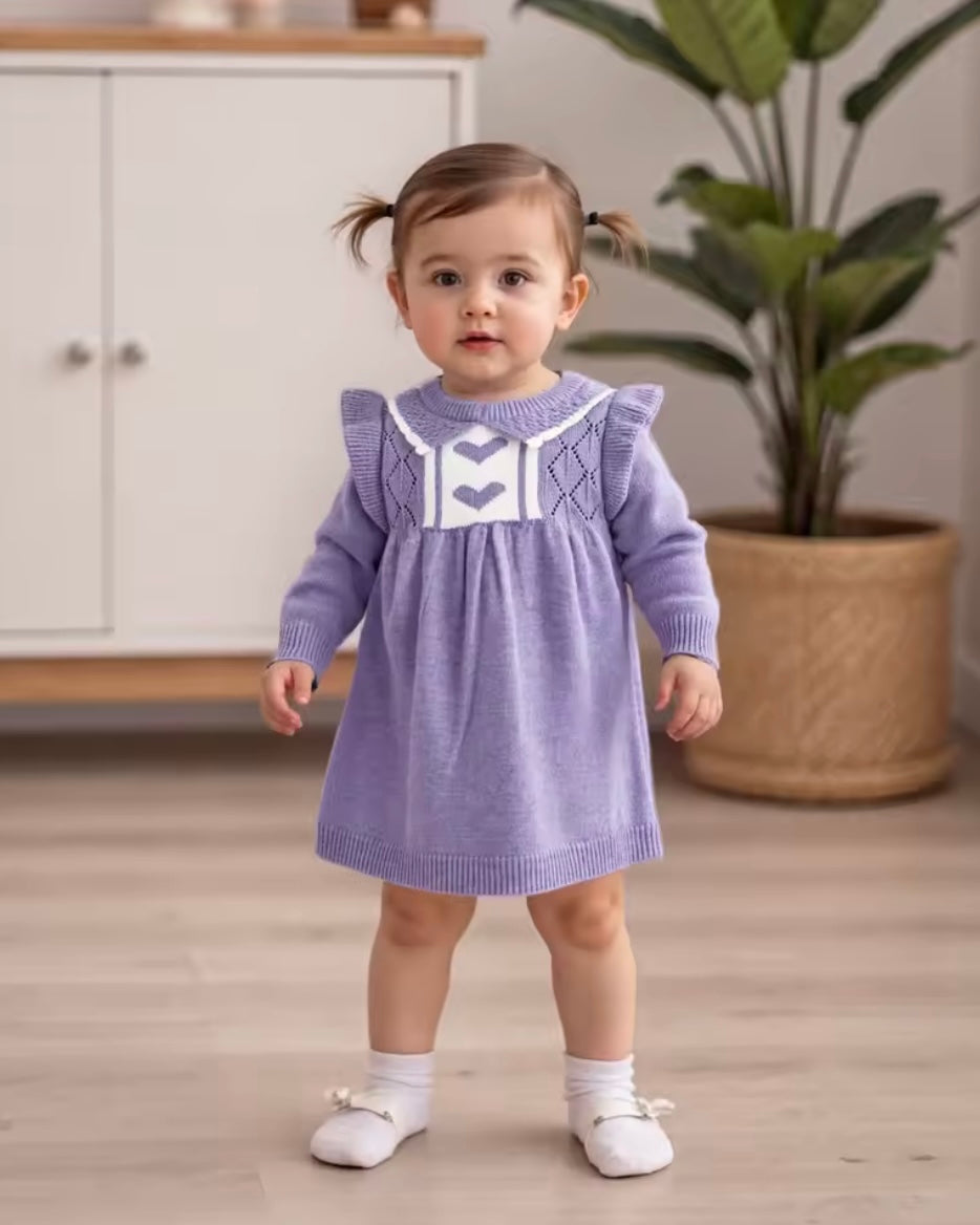 Lavender Knit Baby Girl Dress with Heart Detail – Size 9-12M