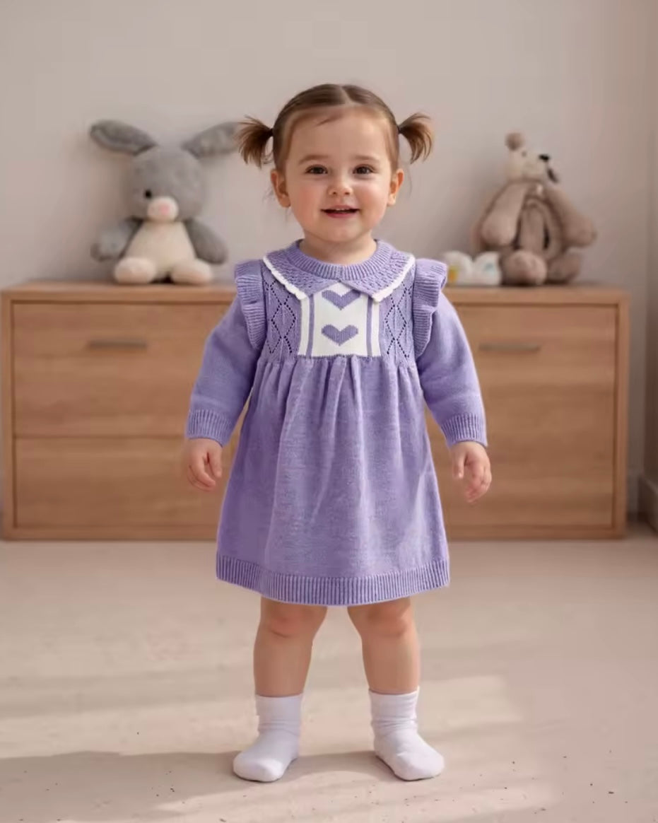 Lavender Knit Baby Girl Dress with Heart Detail – Size 9-12M