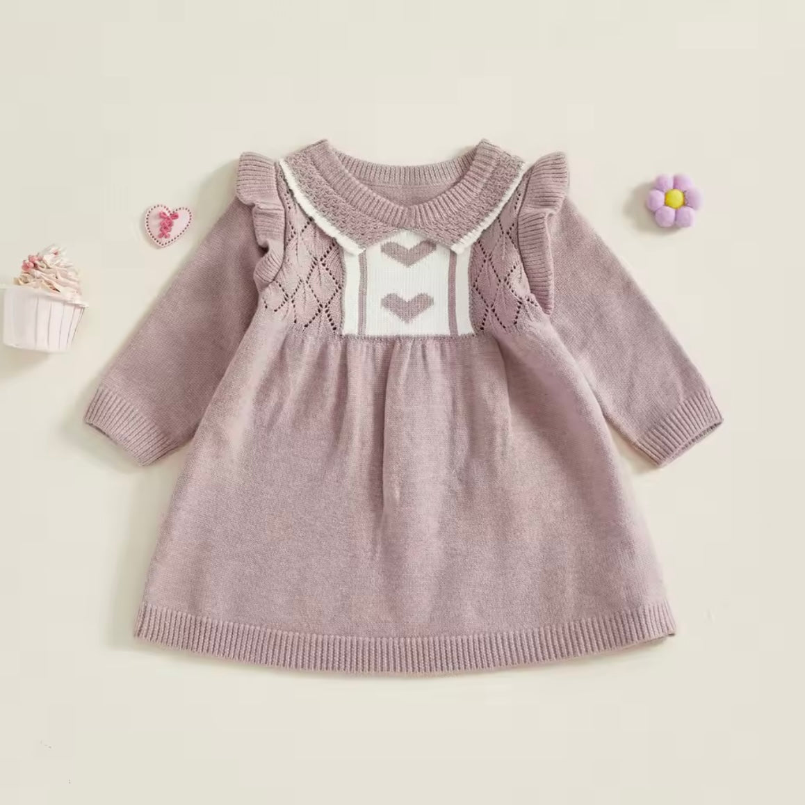Knit Baby Dress with Heart Detail – Mauve (6–9M)