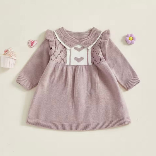 Knit Baby Dress with Heart Detail – Mauve (6–9M)
