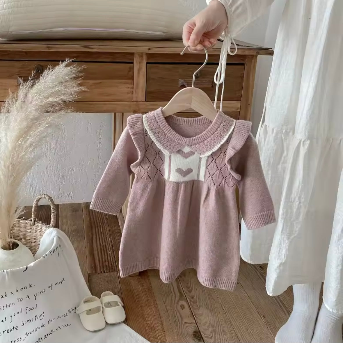 Knit Baby Dress with Heart Detail – Mauve (6–9M)