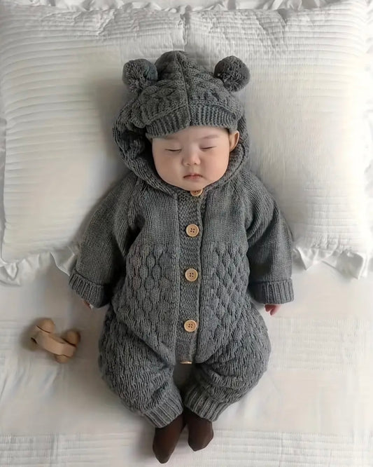 Cozy Knit Baby Romper with Bear Ear Hood – Grey (3–6M)