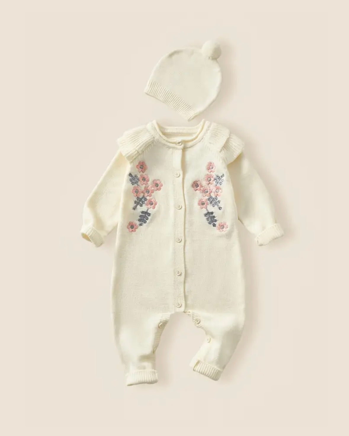 Floral Knit Baby Romper with Matching Hat – Cream (1–3M)