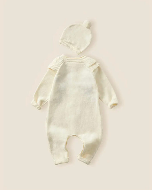 Floral Knit Baby Romper with Matching Hat – Cream (1–3M)