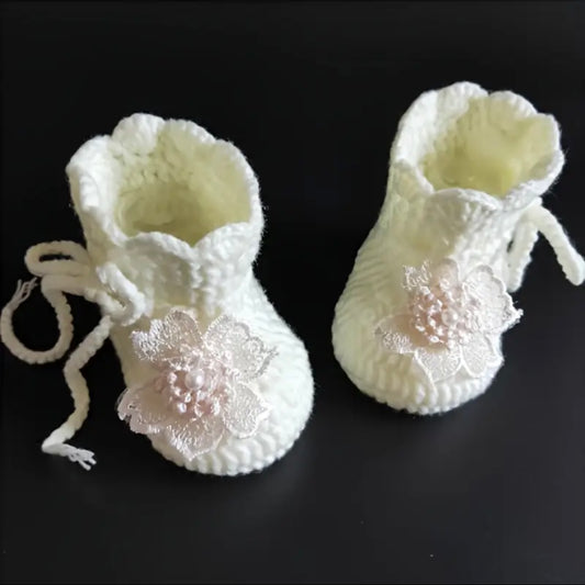 Handmade Crochet Baby Booties with Lace Flower – White (US 2 Infant)