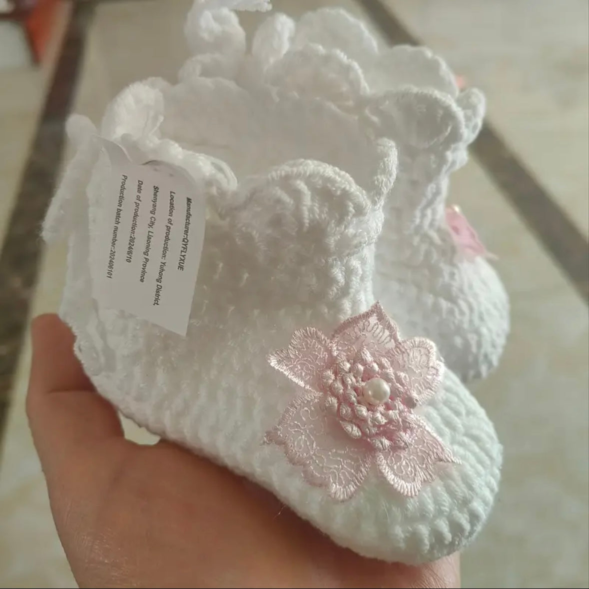 Handmade Crochet Baby Booties with Lace Flower – White (US 2 Infant)