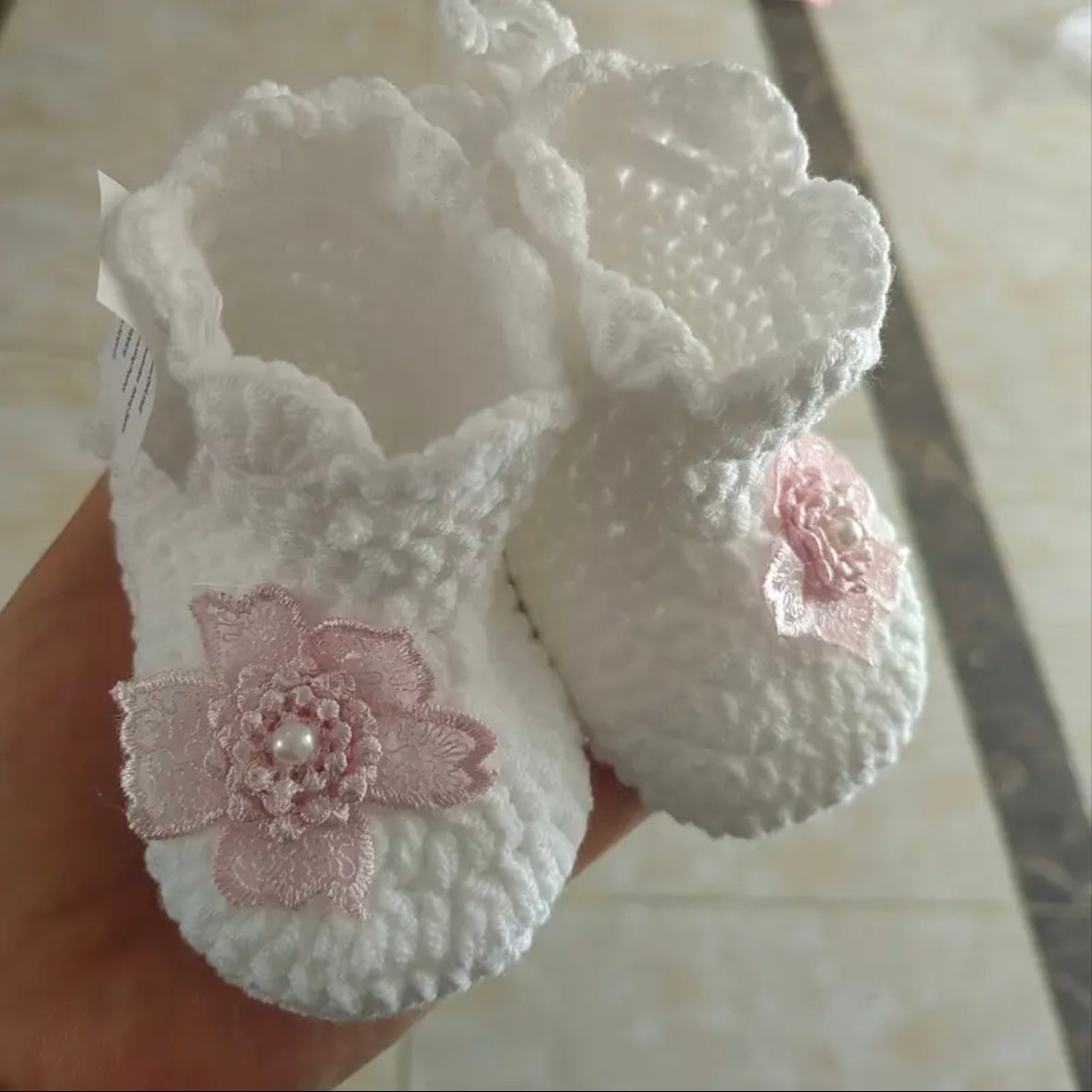 Handmade Crochet Baby Booties with Lace Flower – White (US 2 Infant)