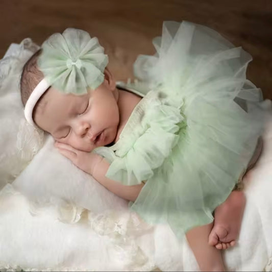 ✨ Mint Green Tulle Newborn Romper with Headband – Baby Girl Outfit | Photography Prop | Special Occasion