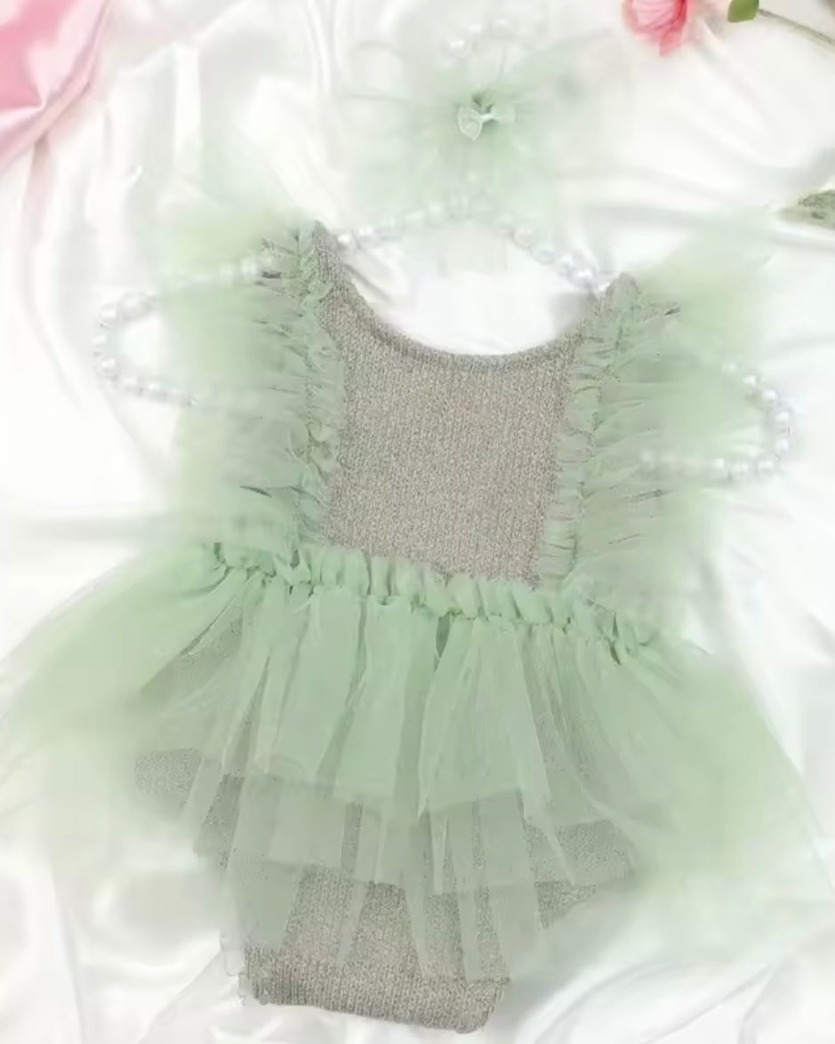 ✨ Mint Green Tulle Newborn Romper with Headband – Baby Girl Outfit | Photography Prop | Special Occasion