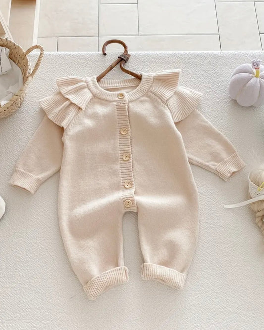 Premium Knitted Baby Girl Ruffle Romper – Soft Beige | Sizes 3–6M