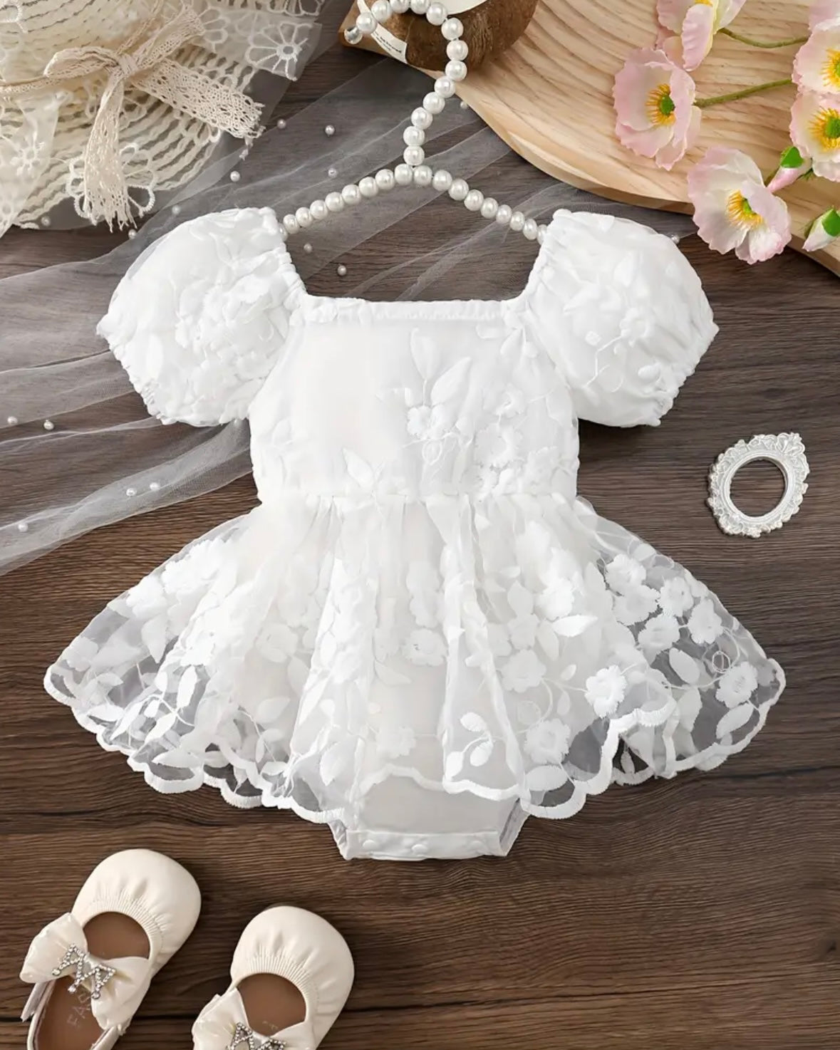 🤍 White Embroidered Tulle Baby Romper – Puff Sleeve Special Occasion Dress (3–6M)