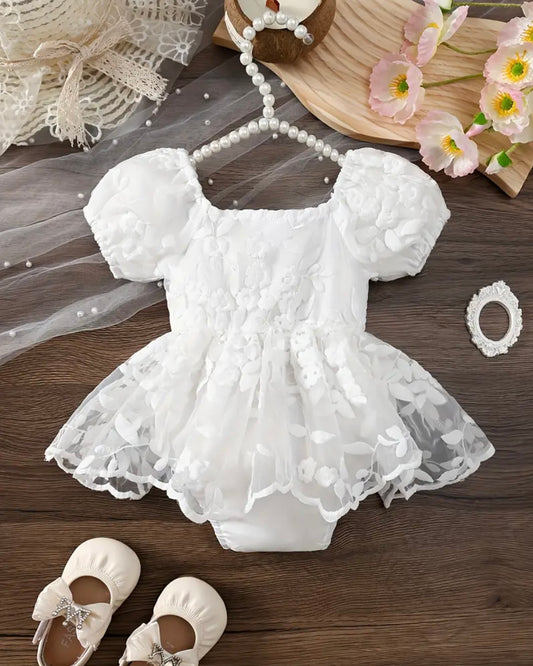 🤍 White Embroidered Tulle Baby Romper – Puff Sleeve Special Occasion Dress (3–6M)