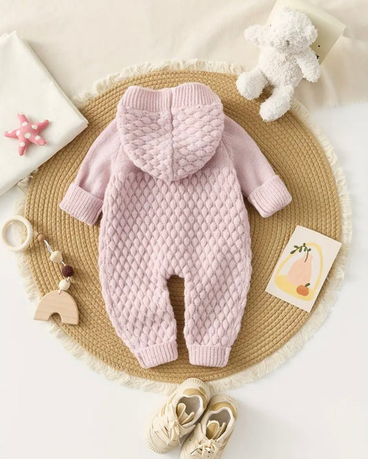 Blushed Lilac Knitted Baby Girl Hooded Romper – Cozy Winter Knit | 3–6M