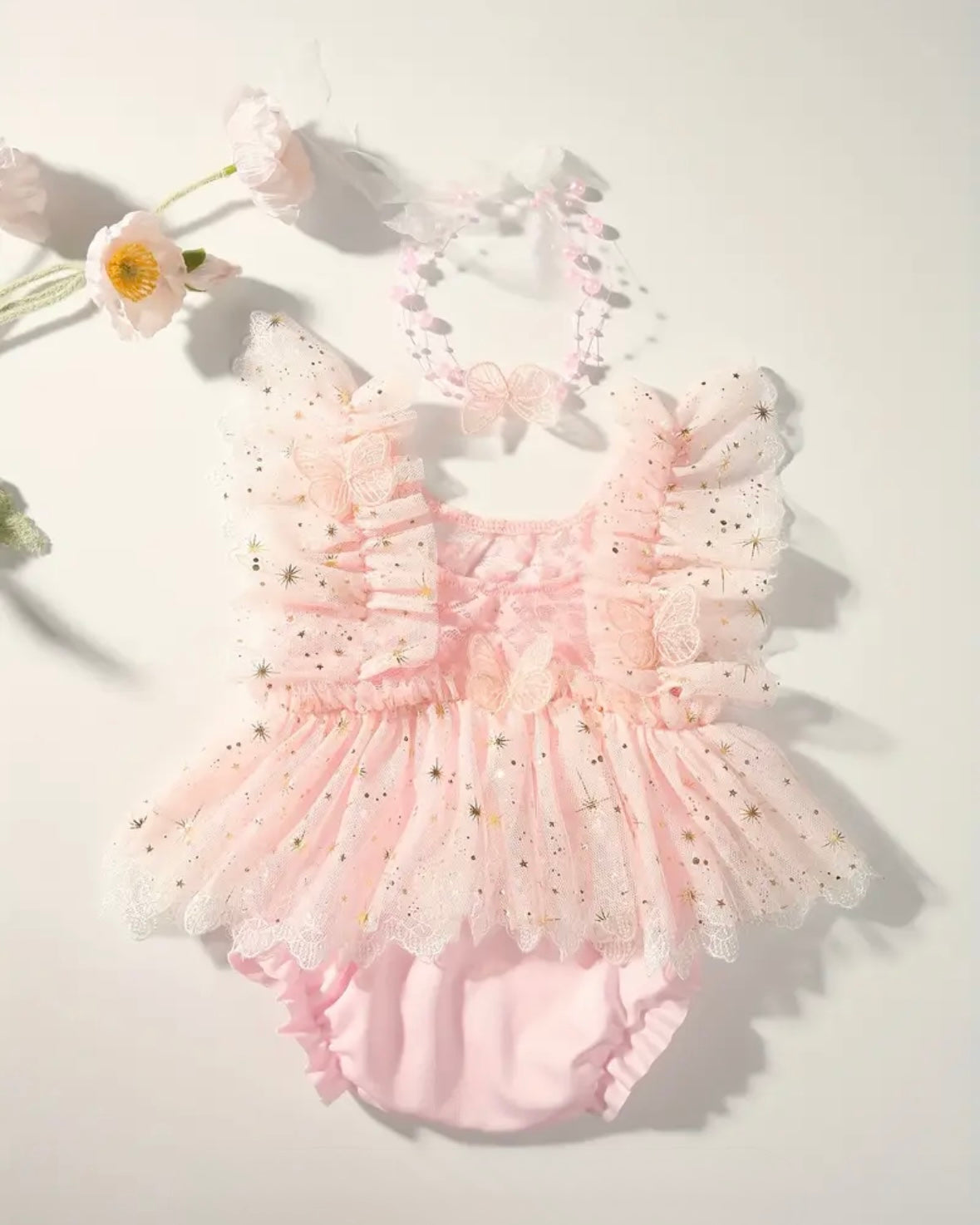 🌸 Premium Newborn Butterfly Tulle Romper with Headband – Blush Pink Fairy Baby Outfit