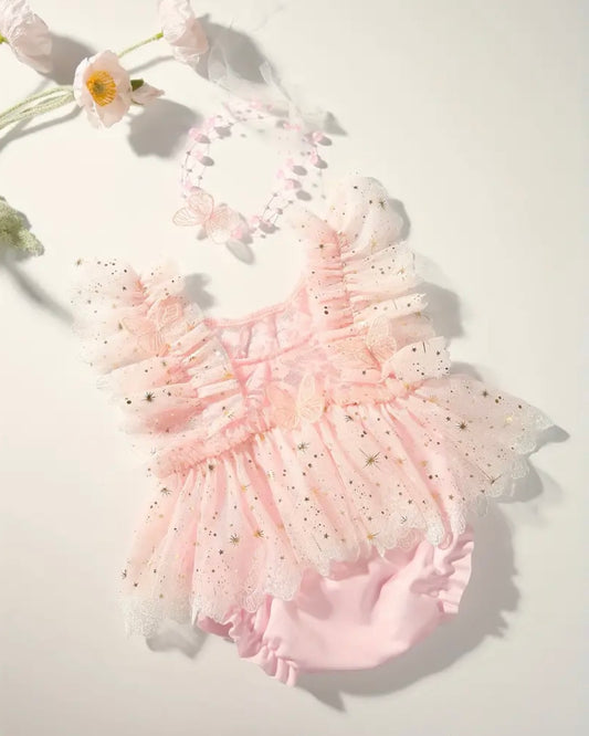 🌸 Premium Newborn Butterfly Tulle Romper with Headband – Blush Pink Fairy Baby Outfit