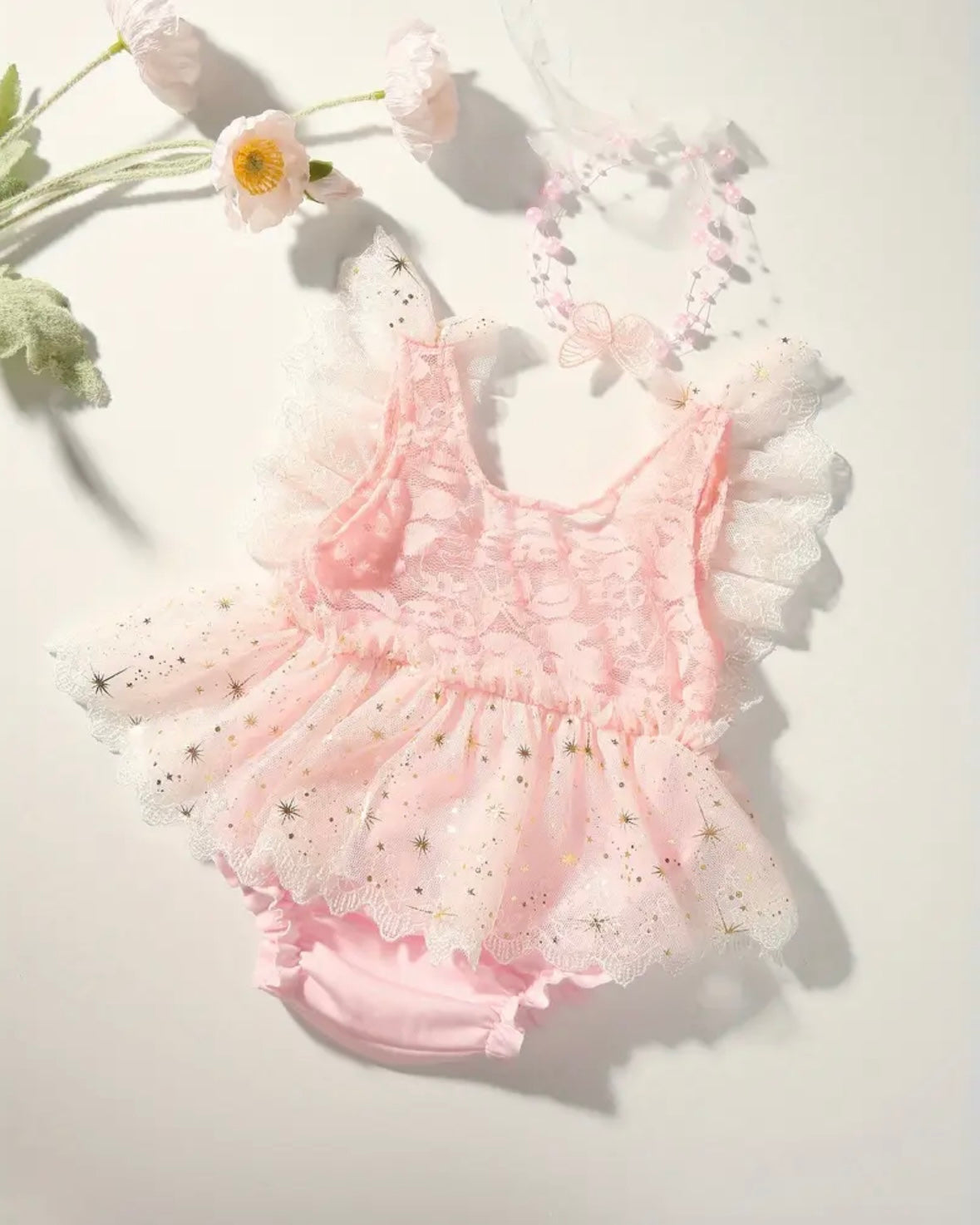 🌸 Premium Newborn Butterfly Tulle Romper with Headband – Blush Pink Fairy Baby Outfit