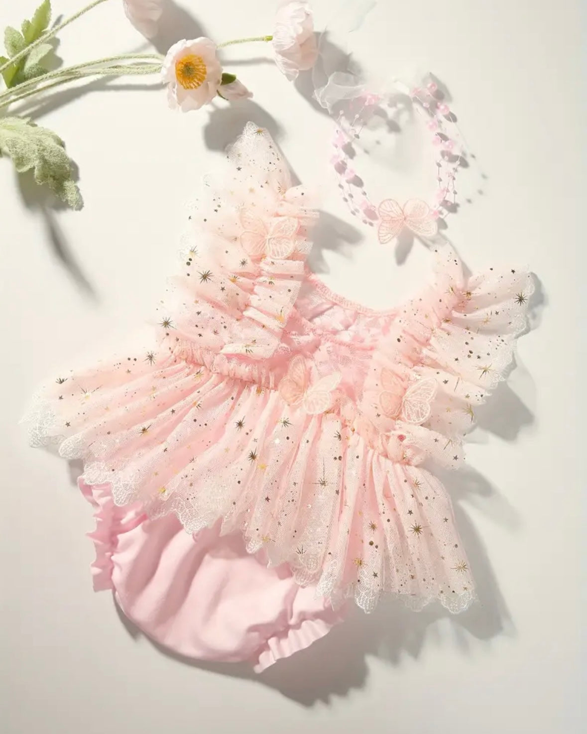 🌸 Premium Newborn Butterfly Tulle Romper with Headband – Blush Pink Fairy Baby Outfit