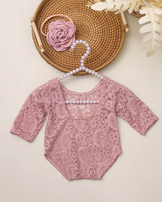 Newborn Lace Romper in Dusty Rose – Vintage Baby Girl Outfit | Size 0–3M
