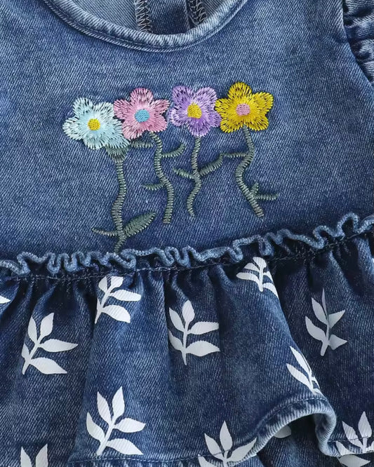 Denim Baby Girl Ruffle Romper with Embroidered Flowers – Boutique Outfit | 3–6M