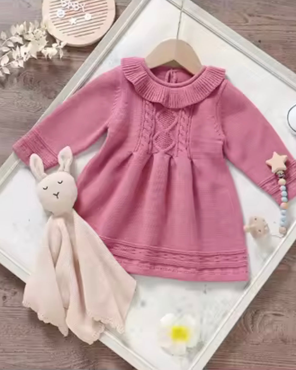 ✨ Premium Knit Baby Dress – Warm Cable Knit Sweater Dress with Ruffle Collar (12–18M)