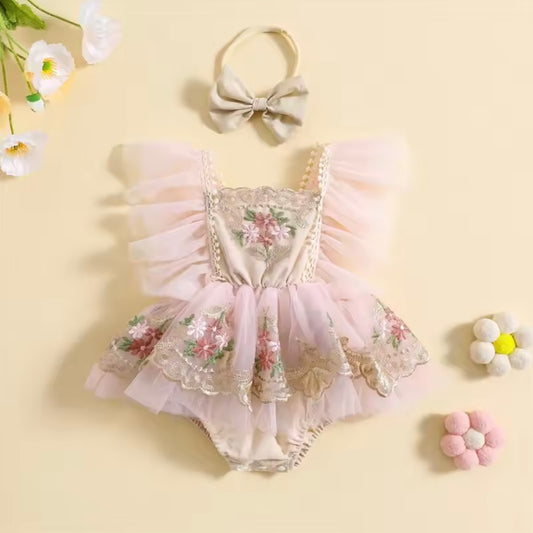🌸 Premium Floral Embroidered Tulle Romper – Baby Girl Princess Outfit with Headband (0–3M)