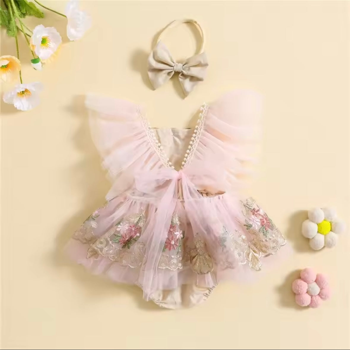 🌸 Premium Floral Embroidered Tulle Romper – Baby Girl Princess Outfit with Headband (0–3M)